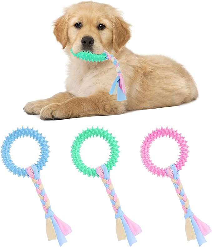 TIESOME Puppy Teething Toys with Cotton Ropes, 3 Pcs Rubber Small Dog Chew Toy Rings Aggressive Chew Toys for Dogs Oral Teeth Soothe Itching Puppy Chew Toys Interactive Pet Toys for Small/Medium Dogs