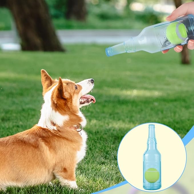Drkicsy Pet Chew Beer Bottle with Tennis Ball Dog Chew Toy, Water Bottle Interactive Dog Toys for Chewing and Playing, Crunch and Play Bottle Dogs Toy with Squeaky Sound (Blue, Small)