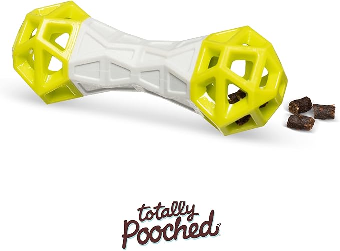 Messy Mutts Totally Pooched Flex n' Squeak Dumbbell | 7” Foam Rubber Dog Toy with Squeaker | Made for Tough Chewers | Interactive Treat Puzzle for Dogs | Grey/Green