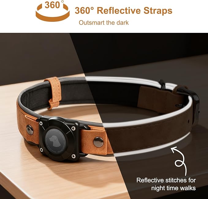 Leather AirTag Dog Collar - IPX8 Waterproof Dog Collar with AirTag Holder|Reflective, High - End, Adjustable Soft Padded |Dog GPS Collar Tracker Fit for Medium Large Dogs (Light Brown, XL)