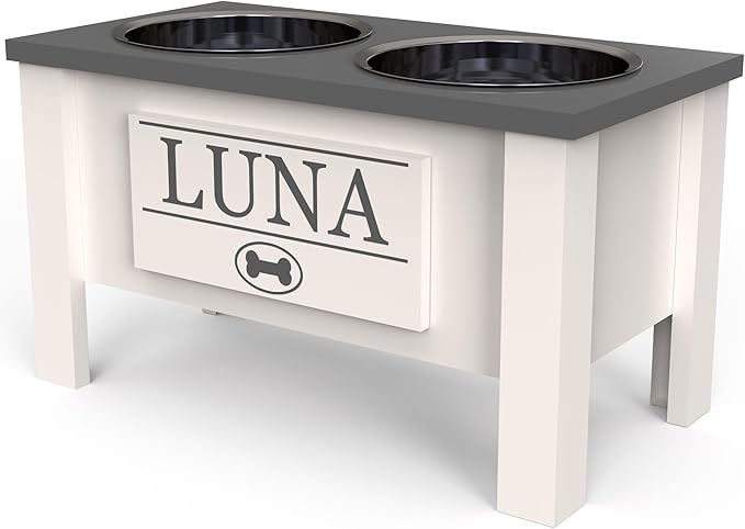 GTW Personalized Elevated Dog Bowl Stand for Large, Medium, Small, X-Small Dogs - Stainless Steel Food and Water Bowls - Raised Dog Dish with Internal Storage (Large, Grey)