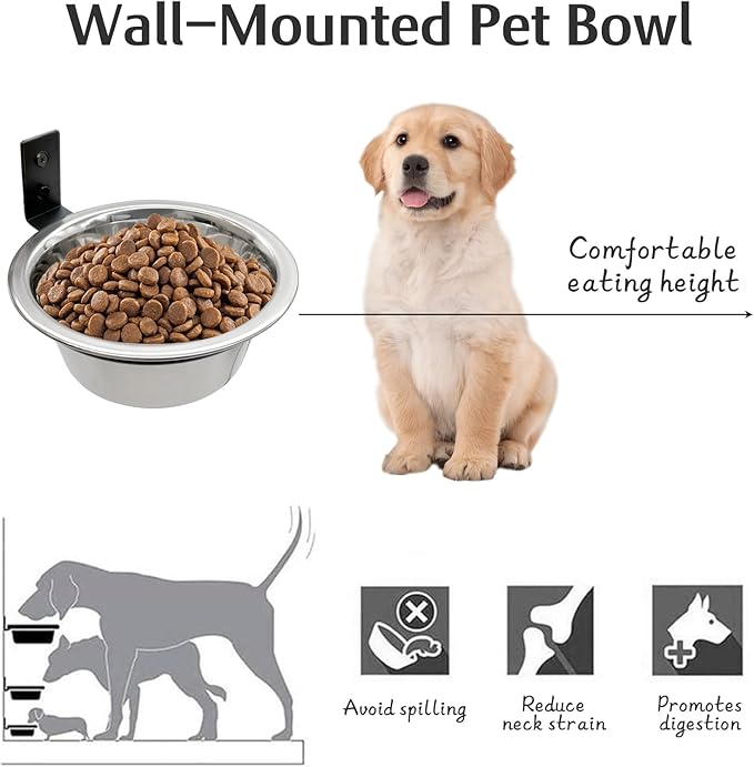 Hamiledyi 2 Pack Wall Mounted Elevated Dog Bowls - Adjustable Height Stainless Steel Raised Food & Water Bowls with Collapsible Stand for Medium & Large Dogs & Cats (L)