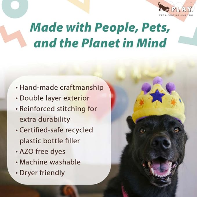 P.L.A.Y. Cute Plush Dog Toys - Birthday Party Celebration Themed Durable Squeaker Chew Toy, Great for Puppies & Small, Medium, Large Dogs - Machine Washable, Recycled Materials (Canine Crown, Medium)