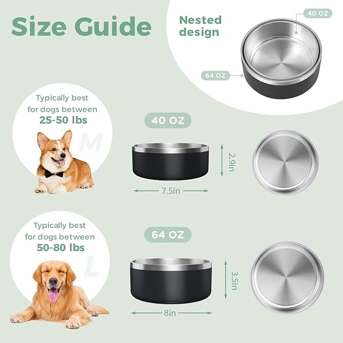 LIHONG Stainless Steel Dog Bowls for Large Dogs,Dog Food Water Bowls with Non Slip Rubber Bottom,Pet Feeding Bowl,Double Wall Insulated,Rustproof(64oz,Black)