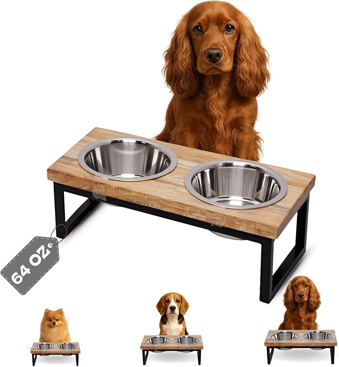 Elevated Dog Bowls, Medium 5.2 Height Mango Wood Raised Dog Bowl Iron Stand Frame with 64oz 2 Pcs Stainless Steel Pets Dishes, Food & Water 8Cup, 1.9L Capacity Nonslip Cat Feeding Station