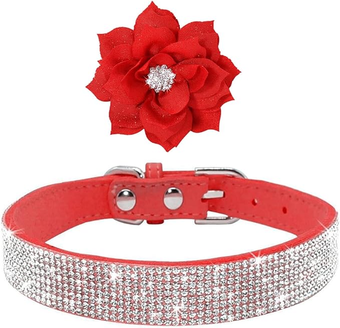 Cute Dazzling Sparkling Elegant Fancy Soft Suede Leather Bling Rhinestone Crystal Jeweled Pet Cat Dog Puppy Collar Dog Leash Combo Set (XXS(Neck 6-8"), Red-6)