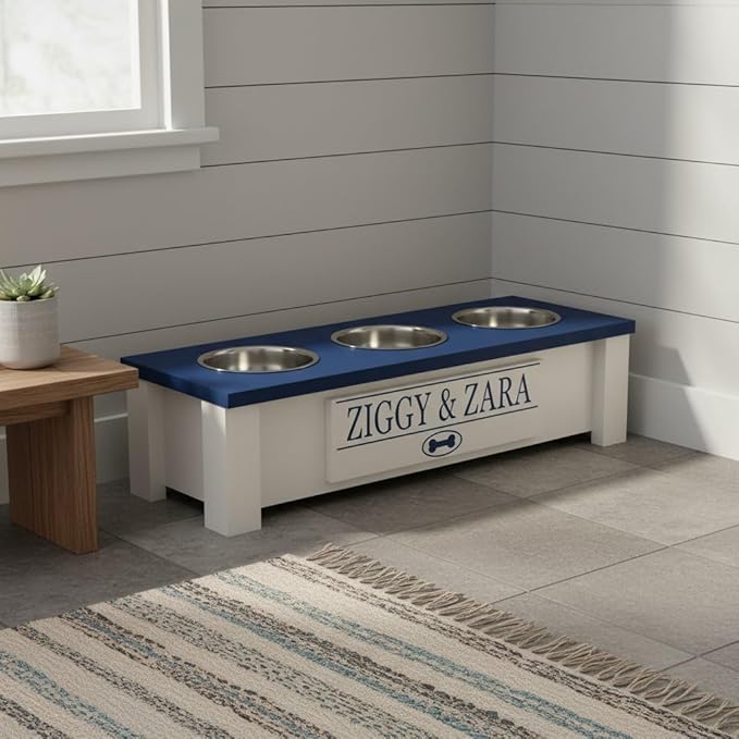 GTW Personalized Elevated Triple Dog Bowl Stand for Large, Medium, Small, X-Small Dogs - 3 Stainless Steel Food and Water Bowls - Raised Dog Dish with Internal Storage (Small, Blue)