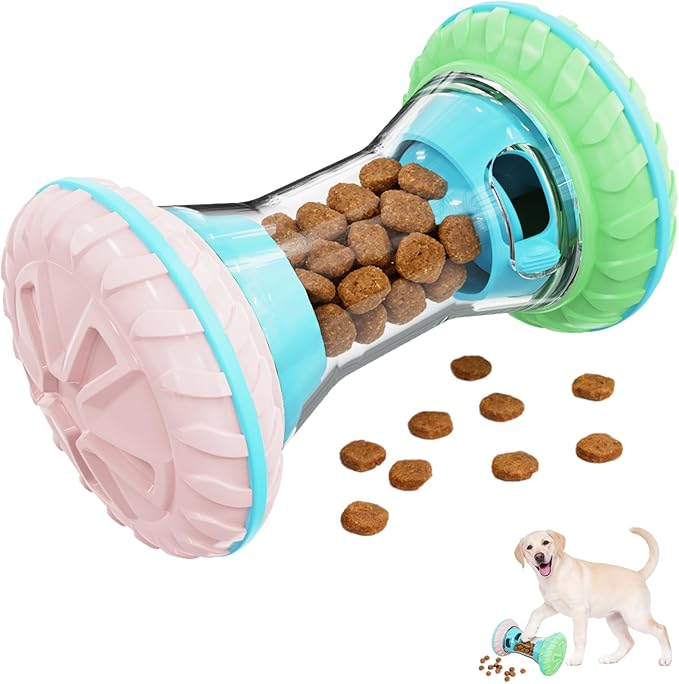 MateeyLife Interactive Dog Roller Puzzle Toy, Durable Dumbbell Dog Toys to Keep Them Busy | Adjustable Treat Dispensing Dog Toys, Slow Feeder & Silent Rolling for Apartment, Pink