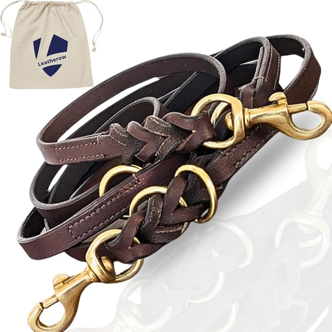 8 FT Multi-Function Leather Dog Leash, Genuine Leather Hands-Free Training Lead for Small Medium Large Dogs, Adjustable Long Leash for Walking, Hiking, Obedience Control (Dark Brown, 8 Ft)