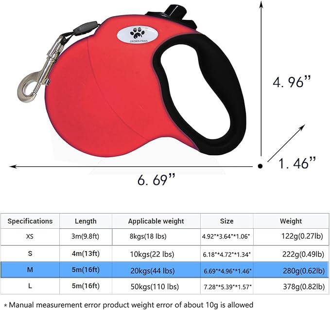 16 ft Retractable Dog Leash for Large Dogs up to 44 lbs,Tangle-Free Nylon Tape,Red M