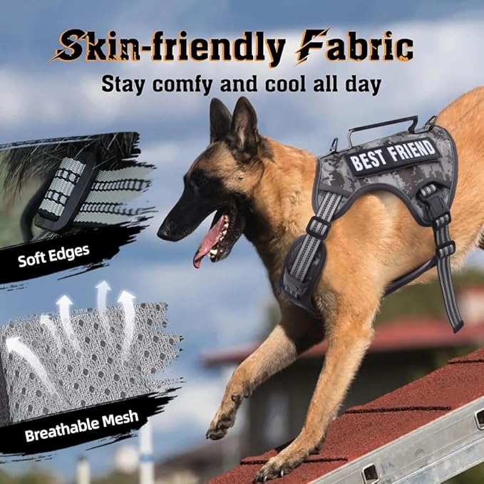 Tactical Dog Harness with Leash for Large Dogs, No Pull Adjustable Dog Harness, Reflective K9 Working Pet Vest for Walking, Training (Camouflage Grey, M)
