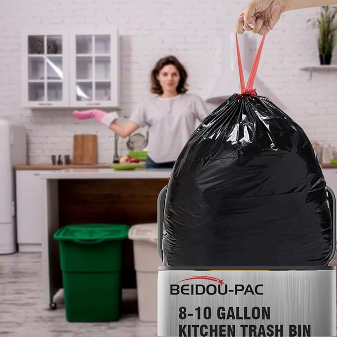 8-10 Gallon Trash Bags Drawstring, 300 Count Bulk, Black & Unscented Multi-purpose Garbage Bags for Business Home Bathroom Kitchen Commercial and Industrial
