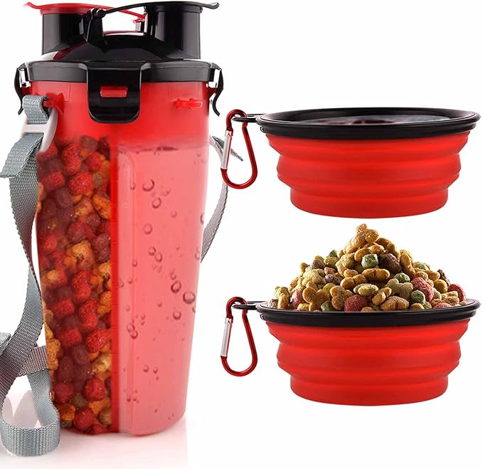 Dog Travel Water Bottle Collapsible Bowls, 2 in 1 Pet Food Container with Collapse Bowls, Outdoor Portable Water Bowls for Walking, Traveling, Camping and Hiking (Red)
