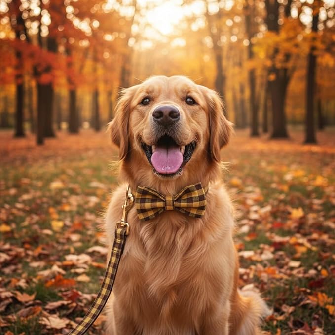 PETDURO Personalized Checkered Plaid Dog Collar Brown Yellow - Engraved Name and Phone Number on Gold Metal Buckle - Custom for Small Medium Large Boy Girl Dogs - Add Leash Bow Tie via Customize Now