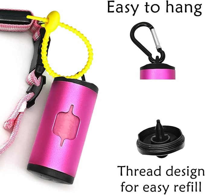Aluminum Dog Poop Bags Holder with Carabiner Metal Pet Waste Bags Dispenser with Hook and Loop Fastener and Elastic Cord to Carry Used Bags (Pink, 1 Holder 15 Bags)