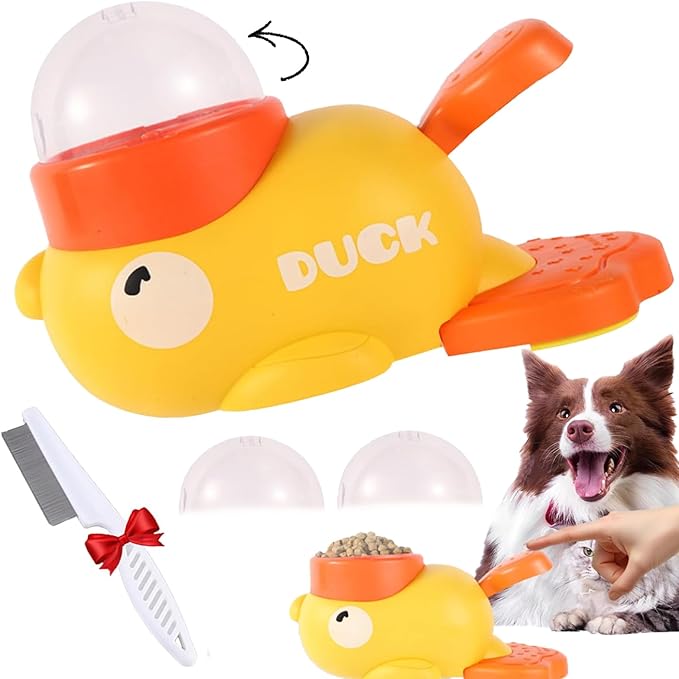 Dog Feeder Puzzle Toy Duck, Dog Treat Dispenser Toy, 2-in-1 Interactive Slow Feeder & Puzzle Treat Dispensing Dogs Toys, Rubber Food Dispenser for Medium and Large Dogs (Yellow)