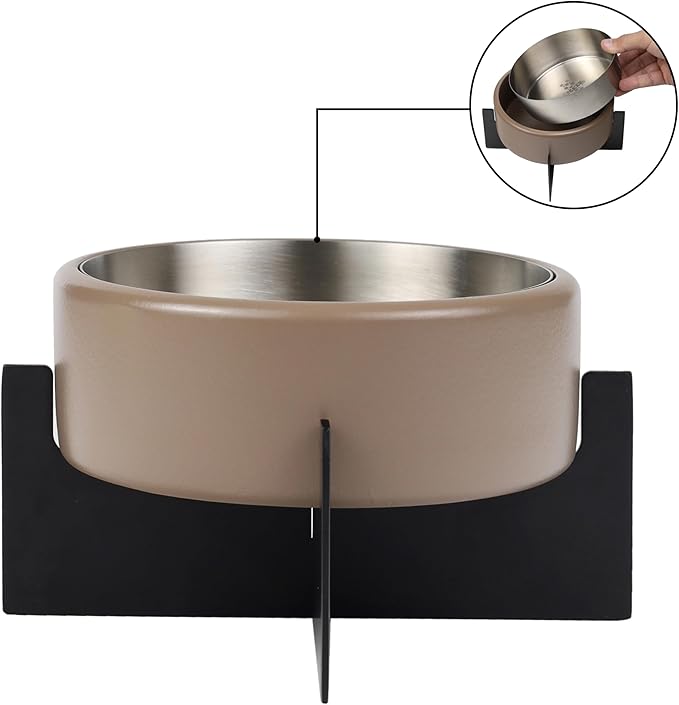 DBL3000G Intersecta Small/Medium Concrete and Stainless Steel Bowl 16oz (2 Cups) with Metal Stand Pet Feeder, Brown/Black
