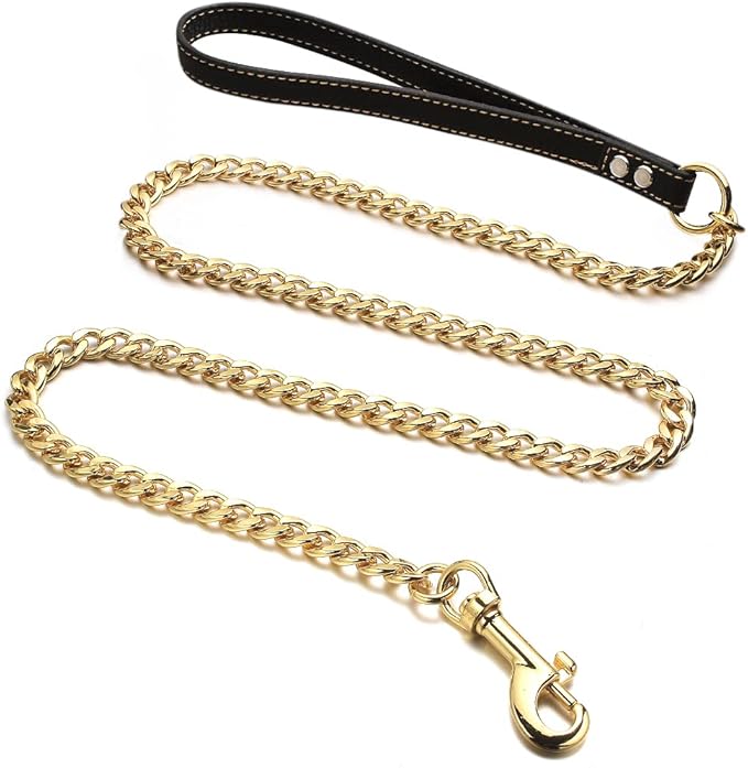 Gold Dog Leash 11MM Heavy Duty Metal Pet Leash 18K Gold Plated Stainless Steel Chain Leash with Padded Handle 3FT/4FT/5FT(11mm,4ft)