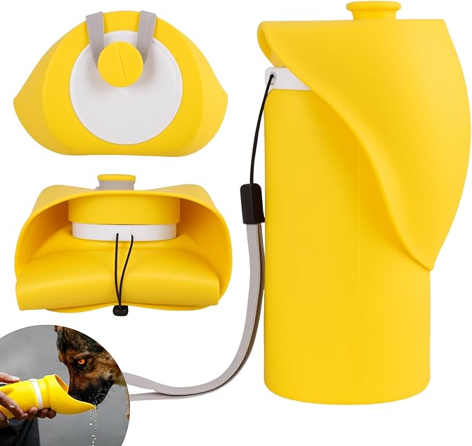 Portable Dog Water Bottle, 2-in-1 Leak Proof & Collapsible Silicone Pet Dispenser with Built-in Bowl, Food Grade Travel Cup for Walking, Hiking (19oz/550ml, Yellow)