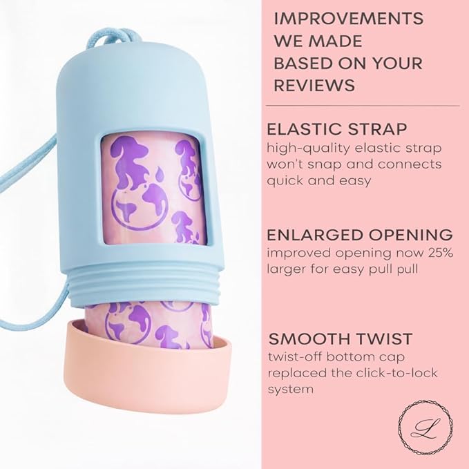 Dog Poop Bag Holder (2-Pack) | With 30 Extra-thick Dog Bags for Poop | Waste Bag Dispenser with Premium Soft-Touch Coating | Enlarged Dispense Opening, Stylish Color-Block Design (Blush Sky)