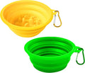 Small Collapsible Dog Bowls (12oz), 2 Pack 2 Colors Pet Travel Foldable Bowl and Slow Feeding Frisbee with Carabiners, Healthy, Soft Silicone, Portable Essential Set for Walking, Travel, and Hiking