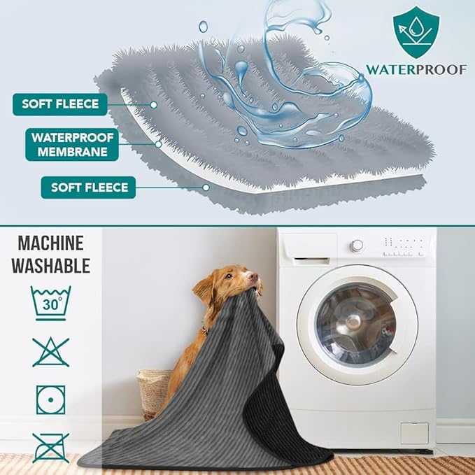 PetAmi Waterproof Dog Blanket, Leakproof Pet Blanket for Small Medium Large Dogs, Reversible Furniture Bed Sofa Couch Cover Protector, Plush Striped Pet Throw for Indoor Cat, 24x32 in, Black Grey
