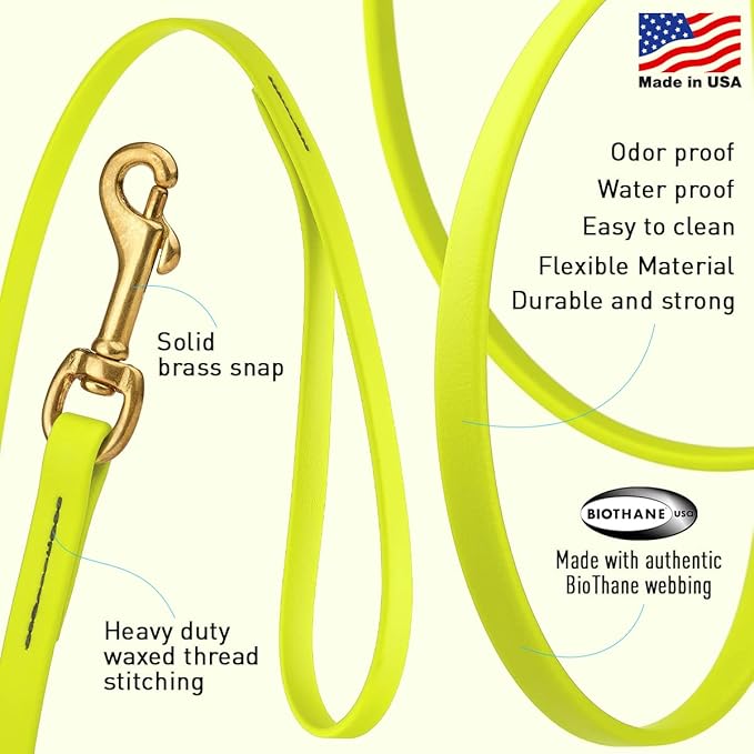 Viper K9 Biothane Working Dog Leash Waterproof Lead for Tracking Training Schutzhund Dog Sport & Search - Odor-Proof Long Line with Solid Brass Snap for Puppy Medium and Large 1/2" x 10ft SafetyYellow