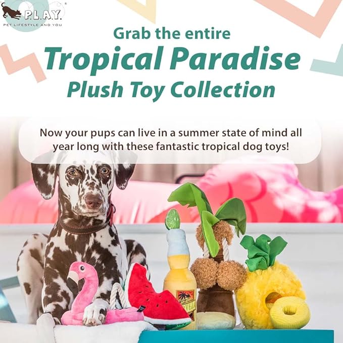 P.L.A.Y. Cute Plush Dog Toys - Tropical Paradise Summer Beach Themed Durable Squeaker Chew Toy, Great for Puppies & Small, Medium, Large Dogs - Machine Washable, Recycled Materials (Puppy Palm Tree)