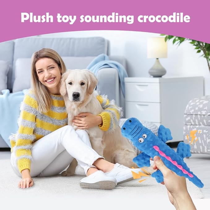 Indestructible Plush Dog Toy for Aggressive Chewers, Boredom Relief Squeaker Chew Toy with Double Fabric, Durable Crocodile Teething Toy for Large Medium Small Dogs (Green)
