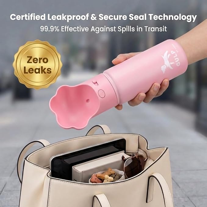 Duna Gulp 18oz Dog Travel Water Bottle with Paw-Shaped Bowl - Insulated Stainless Steel, Leakproof & Portable with Carry Strap for Outdoor Walking, Hiking & Pet Hydration on-The-Go - Pink