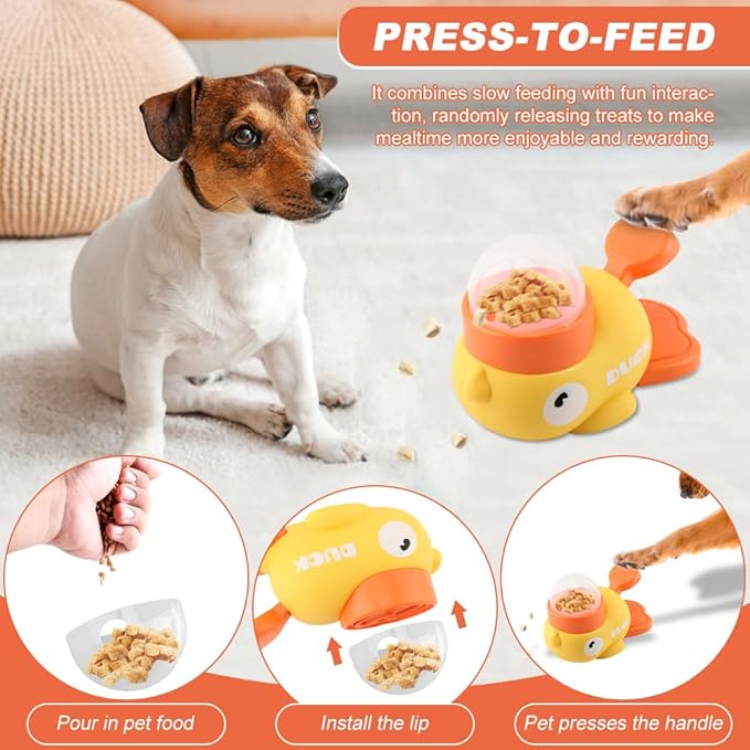 Duck-Shaped Interactive Slow Feeder Dog Toy - Press-Tail Puzzle Feeder with Adjustable Opening, Prevents Bloating & Boredom for Small/Medium Dogs & Cats