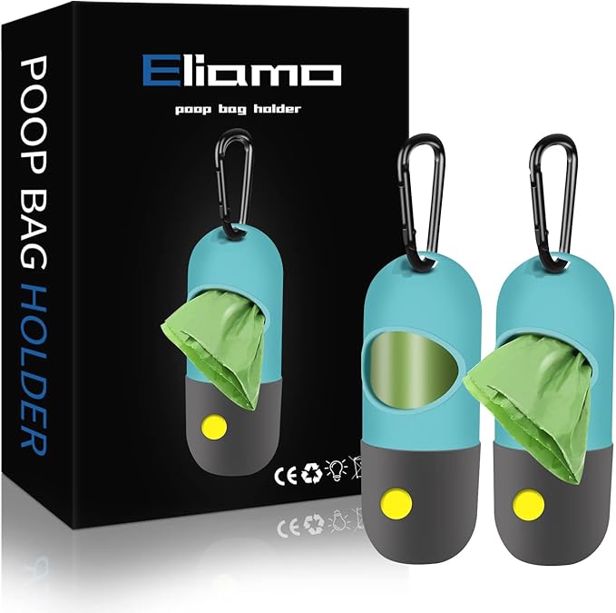 2 Pack Dog Poop Bag Dispenser with Built-in LED Flashlight, Pet Waste Bag Holder for Leash with Carabiner Clip for Lead Leash, 2 Rolls Leak-proof Doggy Waste Bags for Dog Walking, Blue,Eliamo