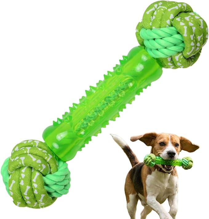 Dog Bone Chew Toy with Rope Ball - Tough Dog Toys with Textured Body for Teeth Cleaning, Dental Chew Toy for Small, Medium and Large Dogs, Green