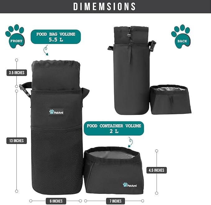 PetAmi Travel Dog Food Bag with 2 Collapsible Bowls Waterproof Dog Kibble Storage & Foldable Food Water Bowls for Dogs & Cats, Hiking & Camping (Black, Grey)