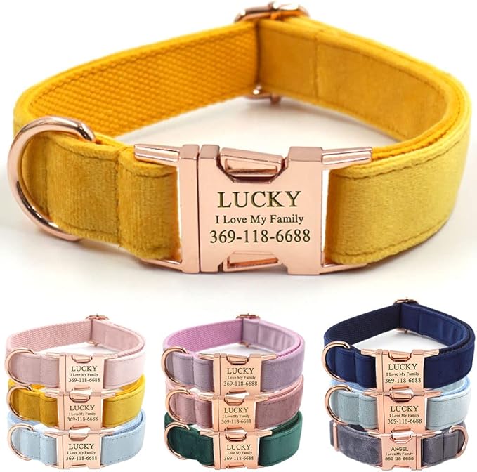 PETDURO Personalized Dog Collar Ginger Soft Velvet for Large Medium Small Boy Girl Dogs - Custom Collar with Name Phone Number Engraved on Rose Gold Metal Buckle - Add Leash Bow Set via Customize Now