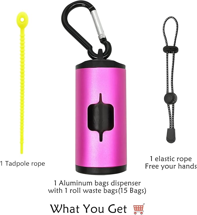 Aluminum Dog Poop Bags Holder with Carabiner Metal Pet Waste Bags Dispenser with Hook and Loop Fastener and Elastic Cord to Carry Used Bags (Pink, 1 Holder 15 Bags)