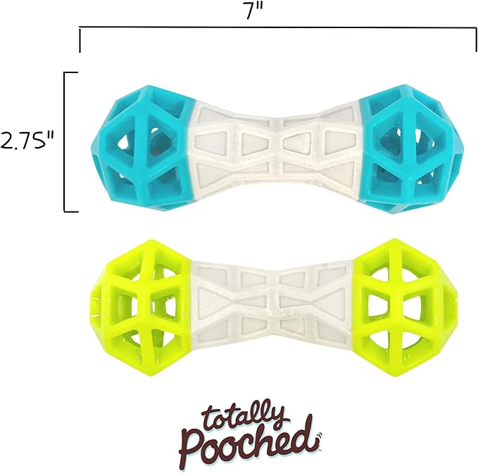Messy Mutts Totally Pooched Flex n' Squeak Dumbbell | 7” Foam Rubber Dog Toy with Squeaker | Made for Tough Chewers | Interactive Treat Puzzle for Dogs | Grey/Teal