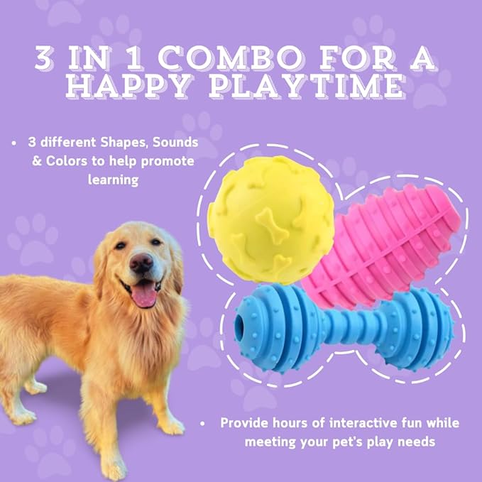 Puppy Squeaky Chew Toy, Medium & Small Dogs, 3 Pack Combo for Chewers, Multifunctional Teeth Cleaning Massages Gums, 100% Non-Toxic Natural Rubber, Fun Sounds to Entertain, Dog Toys