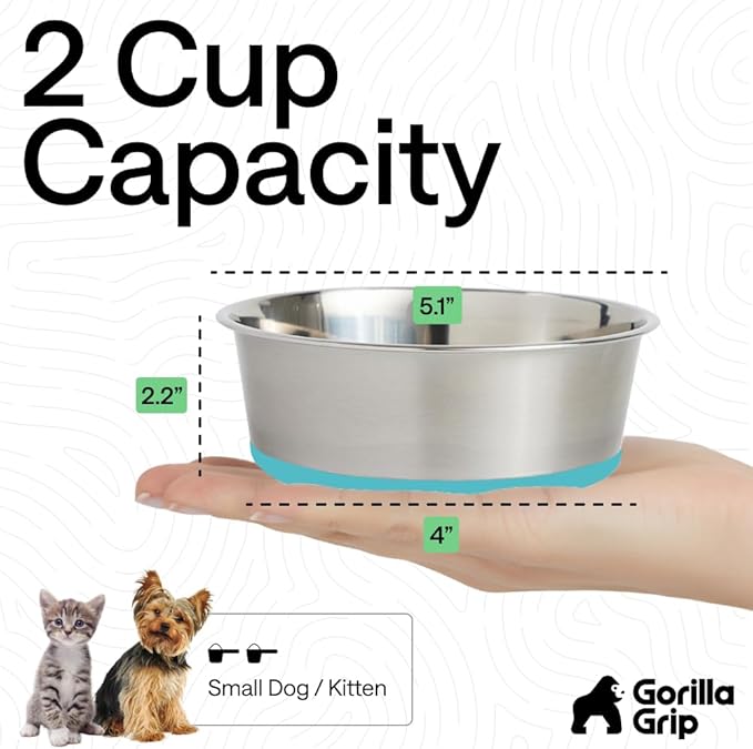 GORILLA GRIP Dog Bowls, Holds 2 Cups Each (16 fl oz), Heavy Duty Stainless Steel Food and Water Bowl for Feeding Dogs and Cats, Dishwasher Safe, Rust Resistant BPA Free Rubber Base, Set of 2 Turquoise