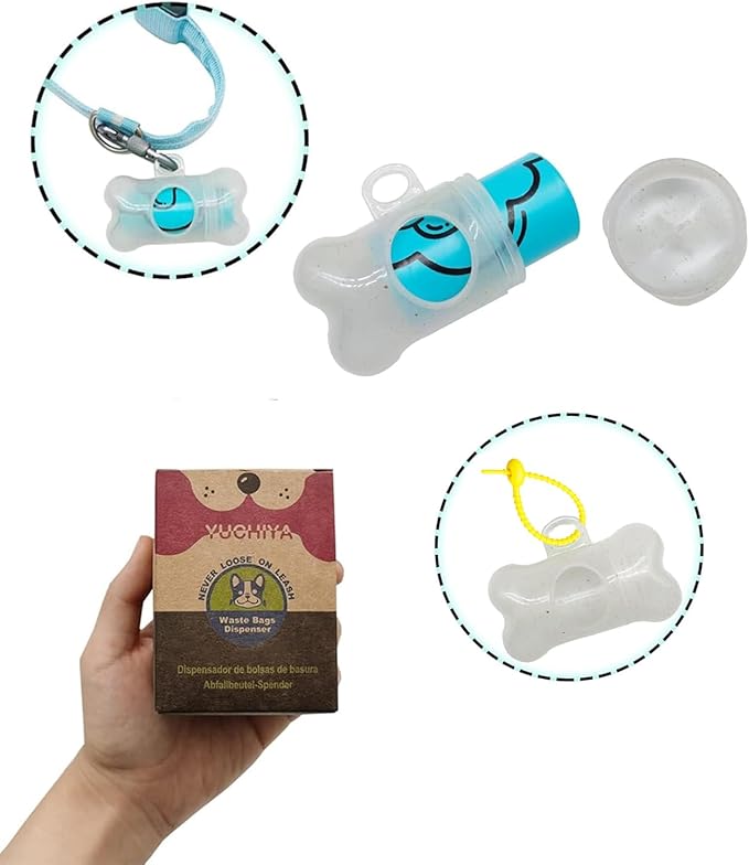 Dog Poop Pickup Bags Holder Dispenser with Scented Doggy Waste Bags and Carabiner with Safety Lock Plus Hook and Loop Fastener Never Loose on Leash Lead Again (1 Holder 15 Bags, Clear)