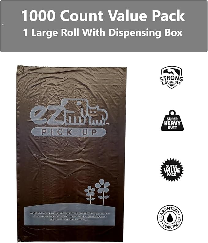 EZ Pick Up 1000 Count Dog Waste Poop Bags, Unscented Single Roll, Heavy Duty, Improved Thickness (Black - 1000ct)