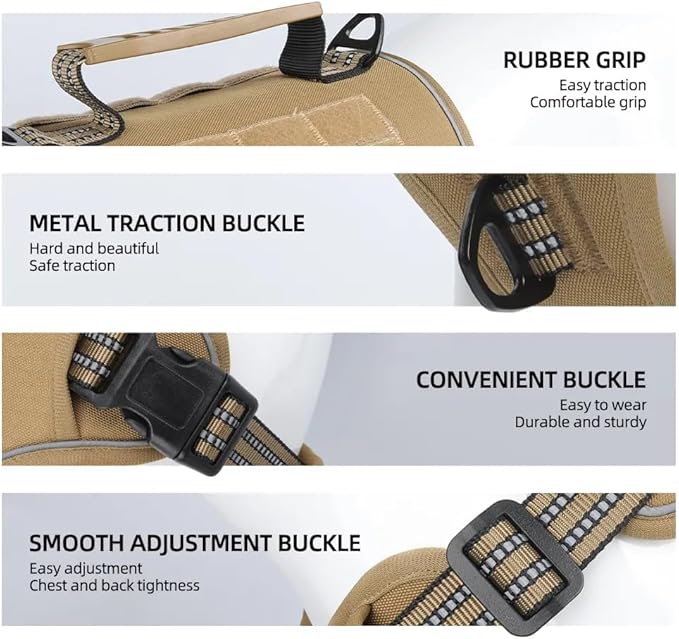 Tactical Dog Harness with Leash for Large Dogs, No Pull Adjustable Dog Harness, Reflective K9 Working Pet Vest for Walking, Training (Khaki, S)