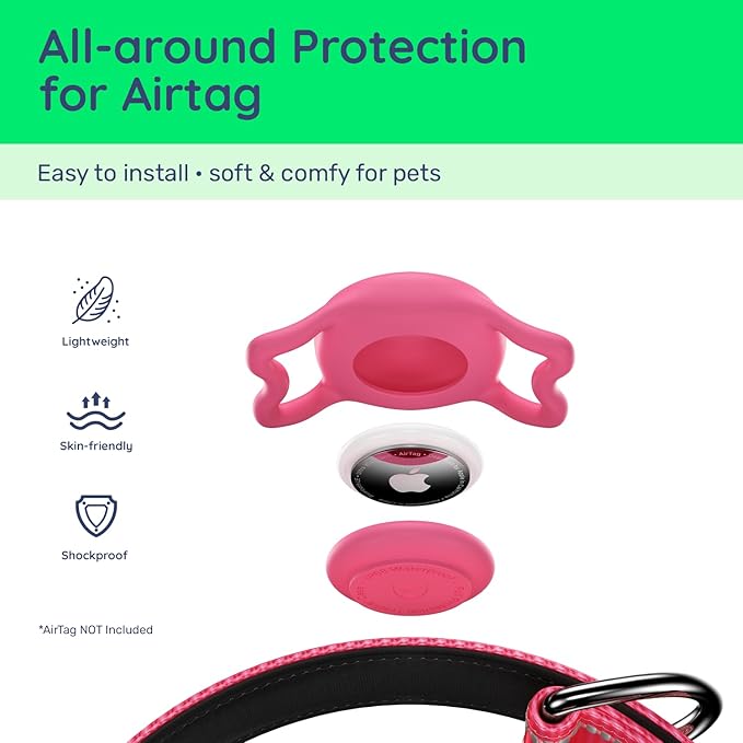 Airtag Dog Collar, Reflective Ultra-Durable Nylon Padded with QR Code Buckle & IP68 Waterproof Air Tag Holder Compatible for Apple AirTag, Comfortable for Small Medium Large Dogs(Hot Pink,M)