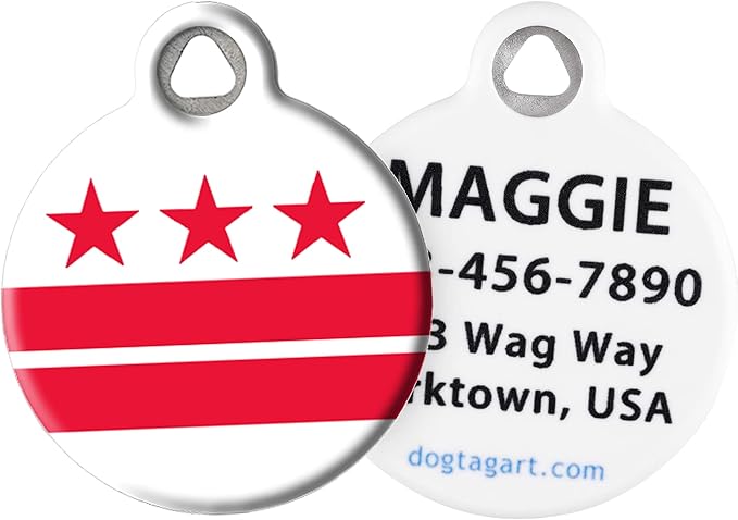 Dog Tag Art Washington DC Flag Personalized Pet ID Tag for Dogs and Cats, Silent Polymer Coated Pet ID Tag with Customized Identification Information - Small,875" Diameter