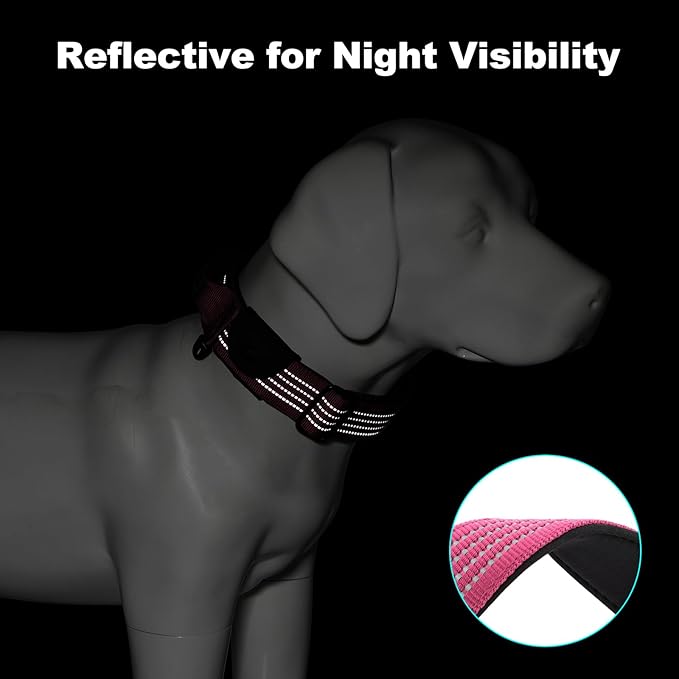 Plutus Pet Tactical Dog Collar with Tracker Pocket for AirTag, Adjustable Reflective Nylon Collar, Metal Buckle, Leather-Wrapped Handle, Soft Padded for Medium Large Dogs (Pink, L)