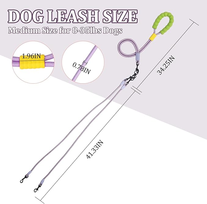 Double Dog Leash No Tangle, Adjustable Split Leads Three Pet Walking Leash with Comfortable Padded Handle for Three Dogs, Hands - Free Three Leashes for Small/Medium Pets (Purple, Three Leashes)