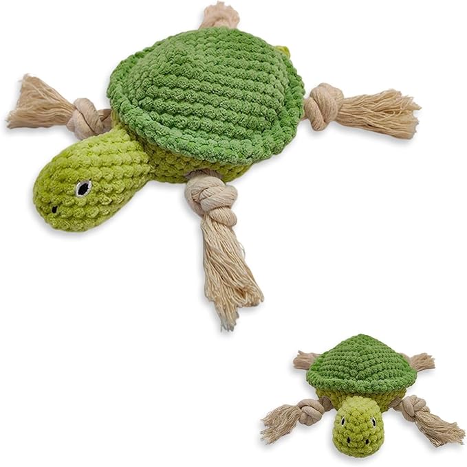 Cute Marine Animal Dog Squeaker Chew Toys, Interactive Stuffed Cotton Plush Rope Knot Toys with Crinkle Paper- for Puppy, Small, Middle Dogs(Green Turtle)