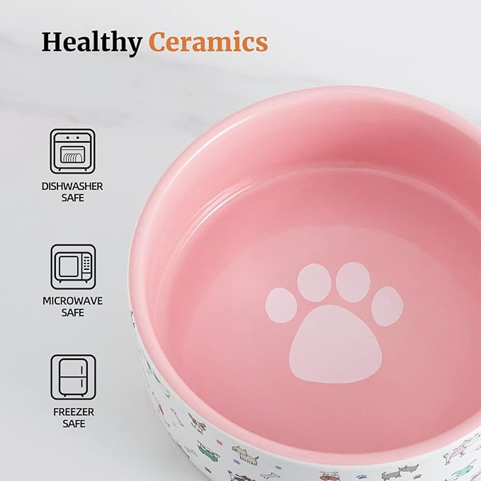 Fun Elements Ceramic Dog Bowls, Large Sized 64 Fl Oz Heavy Food and Water Bowl for Medium Dogs with Adorable Patterns (Large, Pink)