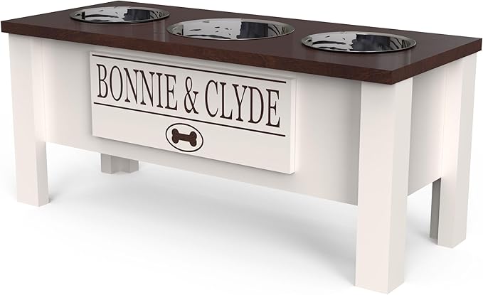 GTW Personalized Elevated Triple Dog Bowl Stand for Large, Medium, Small, X-Small Dogs - 3 Stainless Steel Food and Water Bowls - Raised Dog Dish with Internal Storage (Large, Brown)