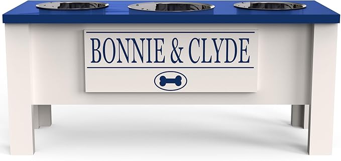 GTW Personalized Elevated Triple Dog Bowl Stand for Large, Medium, Small, X-Small Dogs - 3 Stainless Steel Food and Water Bowls - Raised Dog Dish with Internal Storage (Large, Blue)
